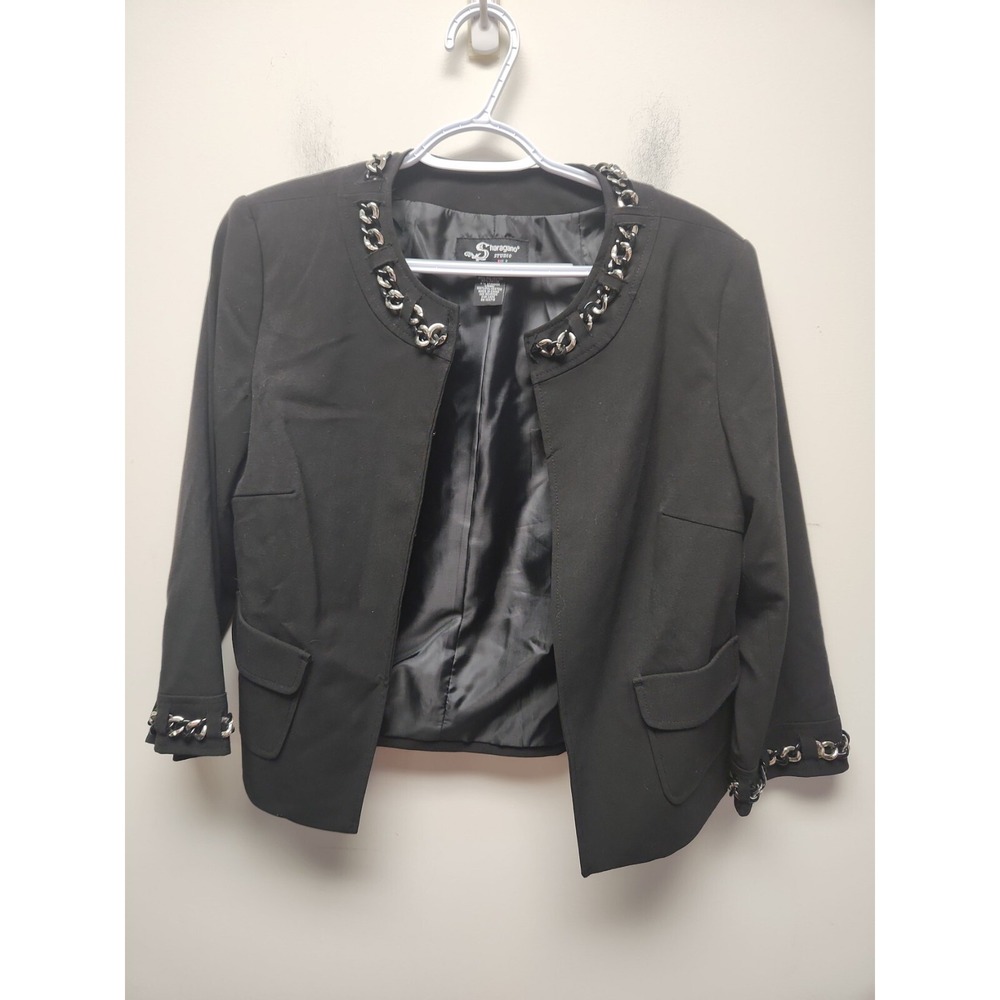 Sharagano Studios Black Blazer‎ Embelished Neck Fully Lined Patch Pockets Medium